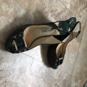 Jimmy Choo green leopard wedges